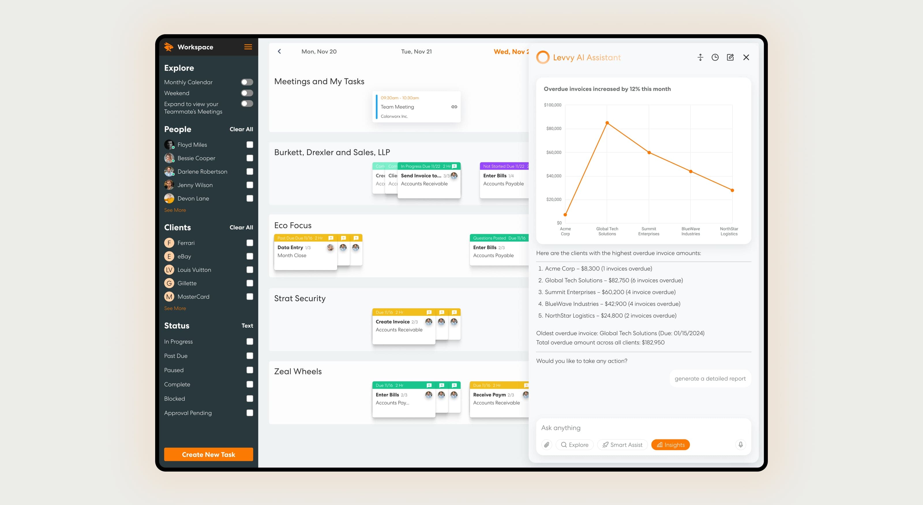 Levvy AI: Smart Assist surfaces contextual answers and next steps directly inside the workspace.