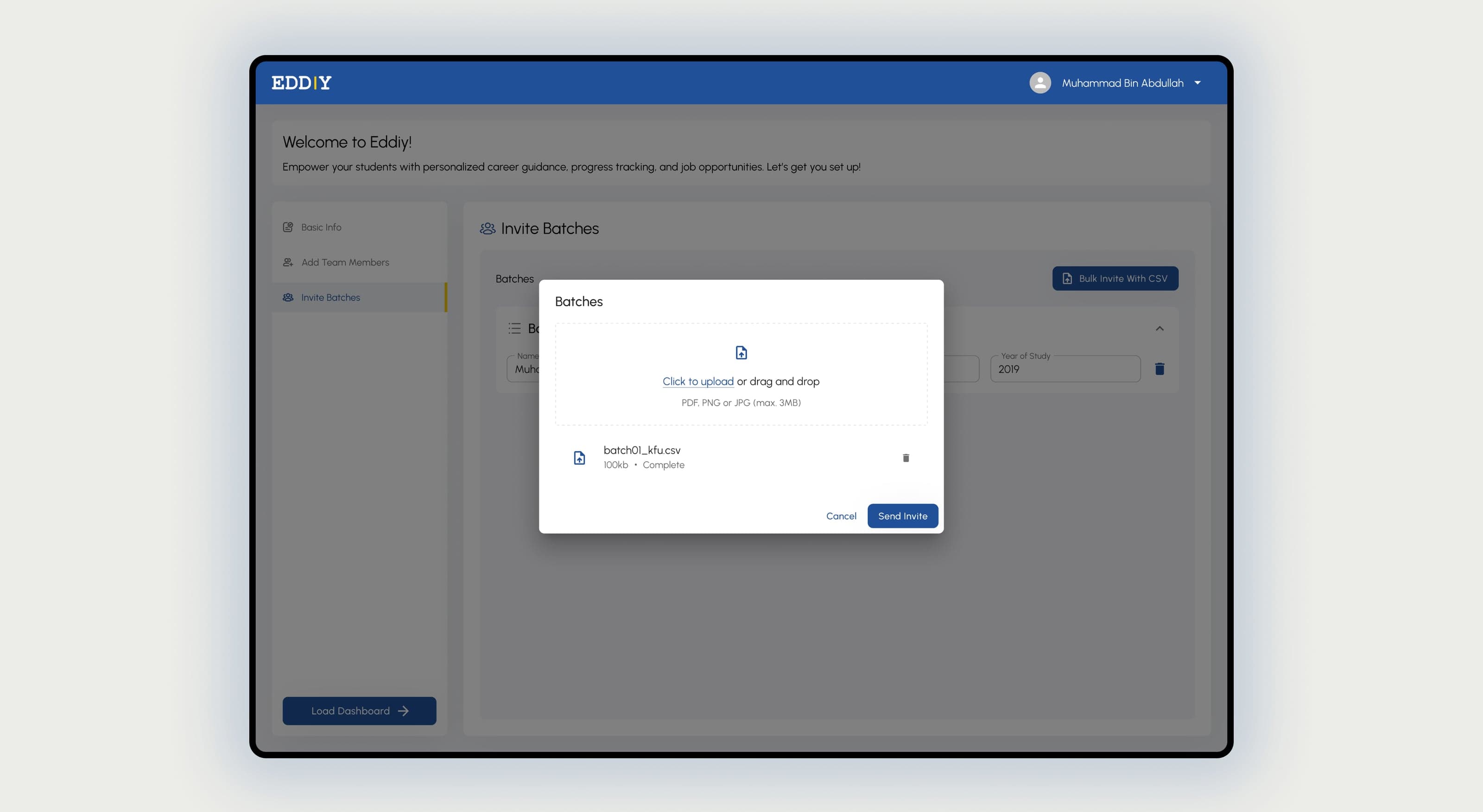 University batches are invited in bulk via CSV, with program and cohort metadata.