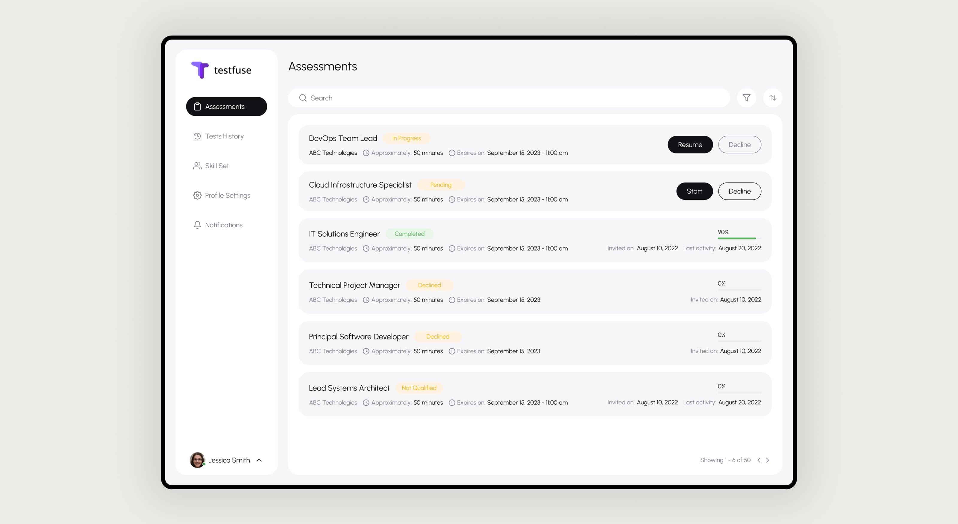 Candidates see role, company, time estimate, and expiry at a glance.