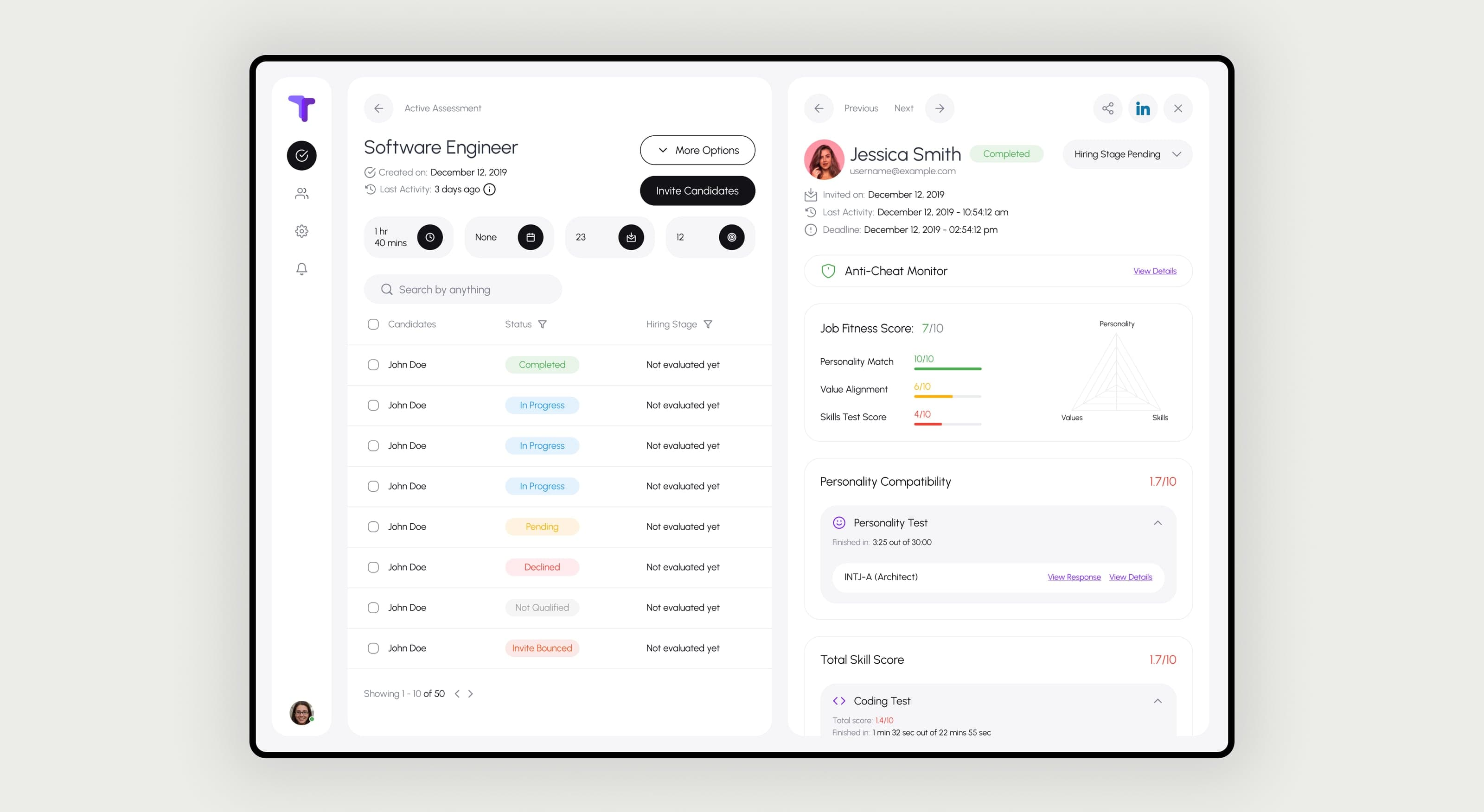 Assessment status and hiring stage are kept visually distinct.