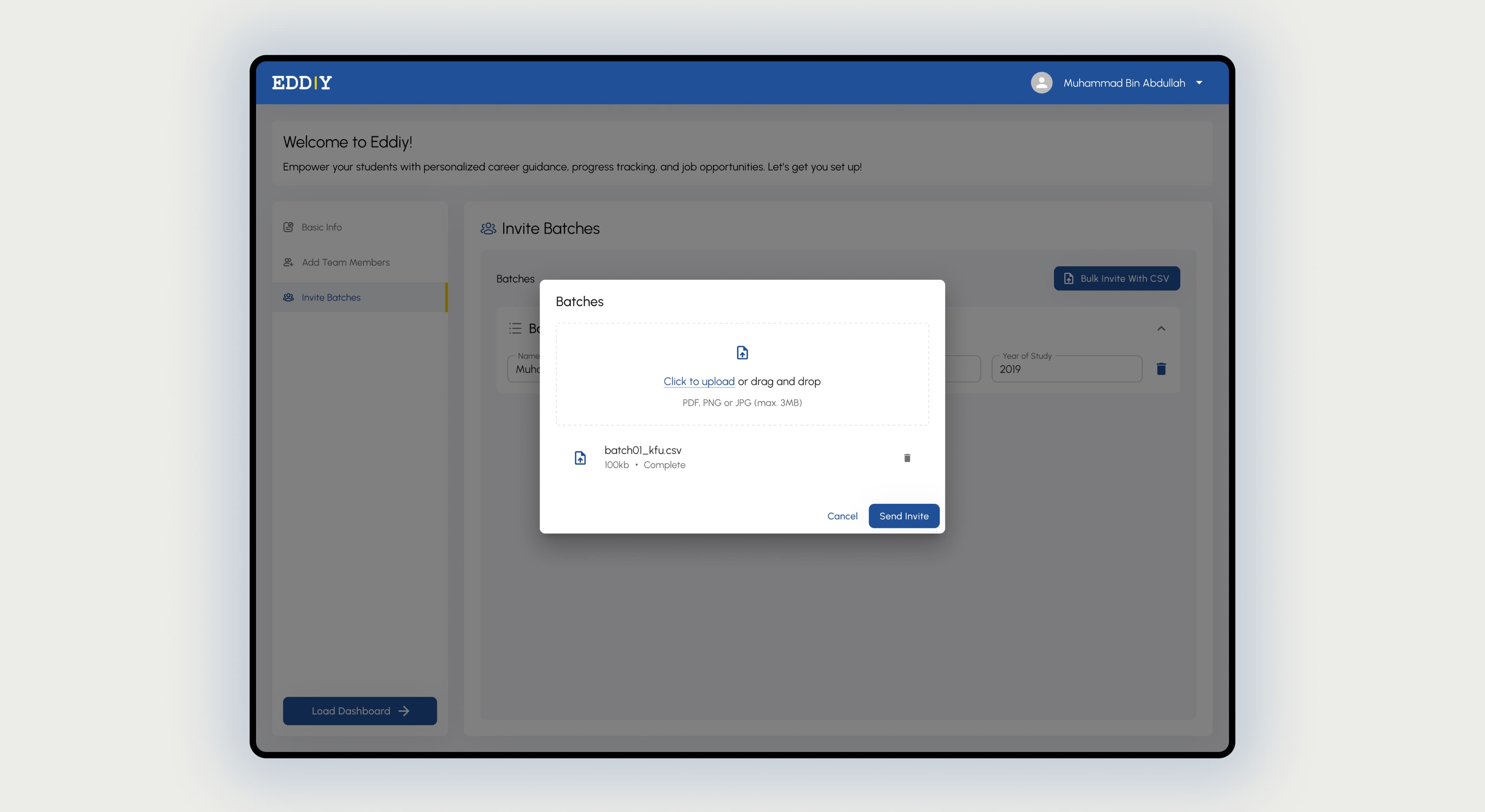 University batches are invited in bulk via CSV, with program and cohort metadata.