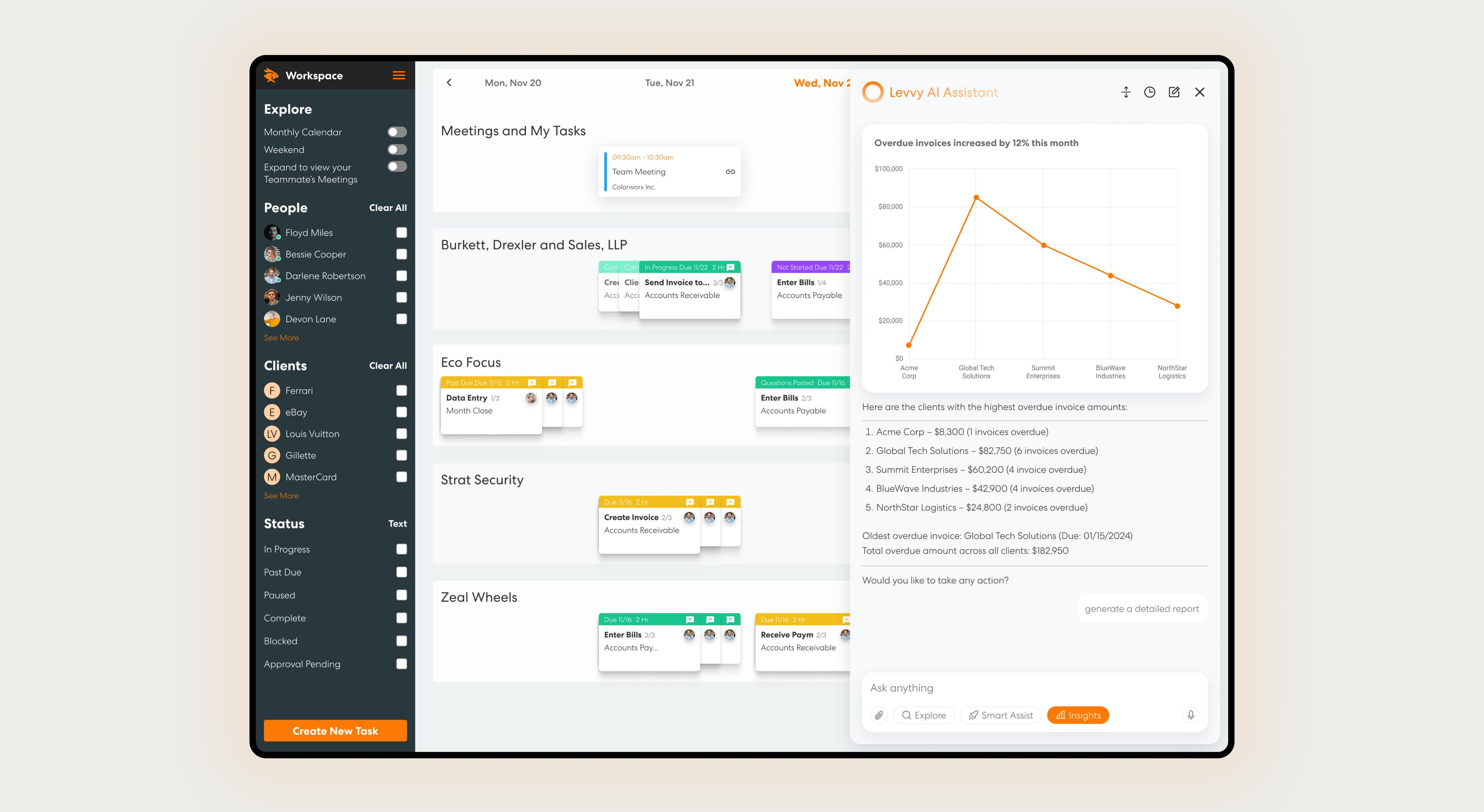 Levvy AI: Smart Assist surfaces contextual answers and next steps directly inside the workspace.