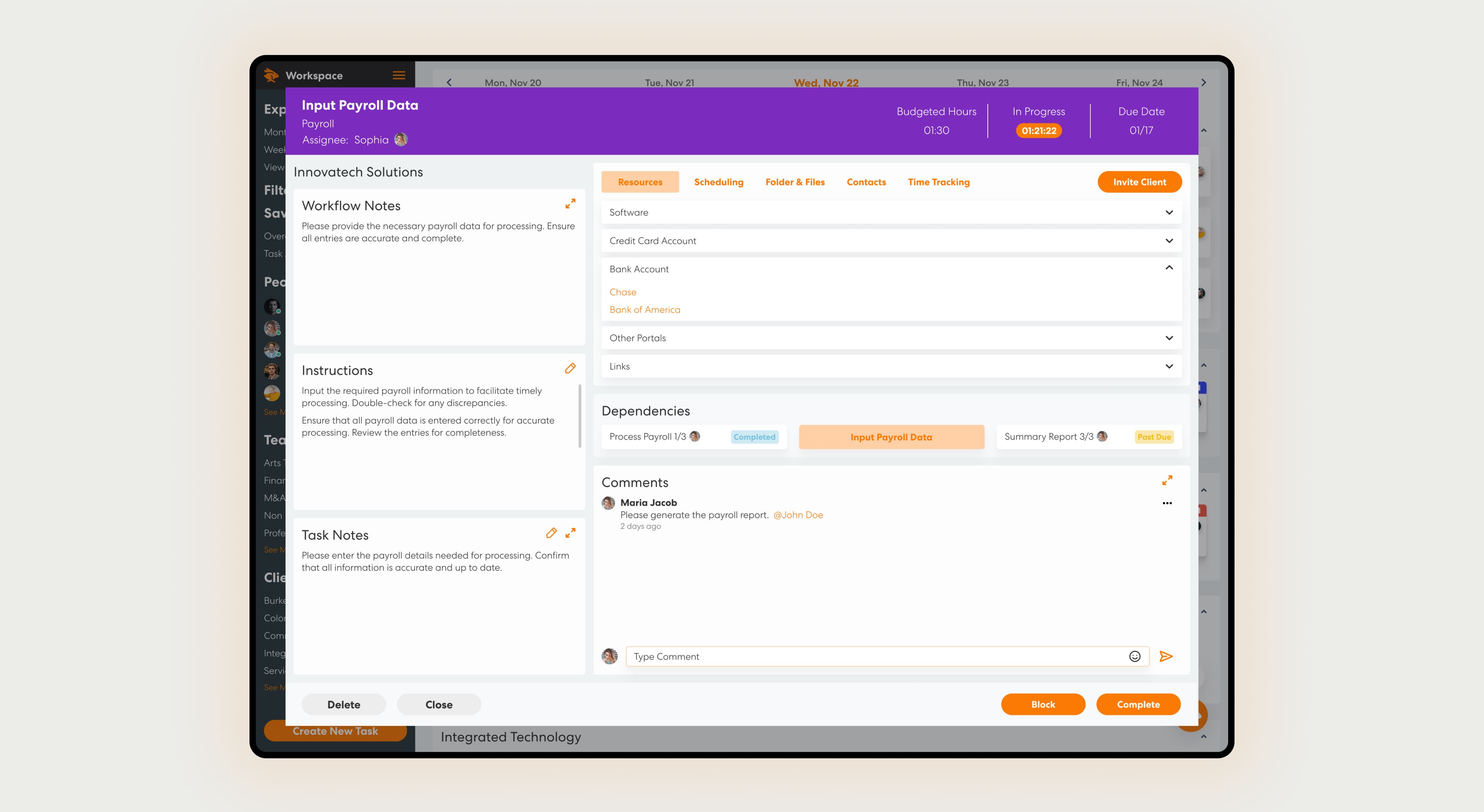 The task record's Resources tab: contacts, linked accounts, and files, without leaving the task.