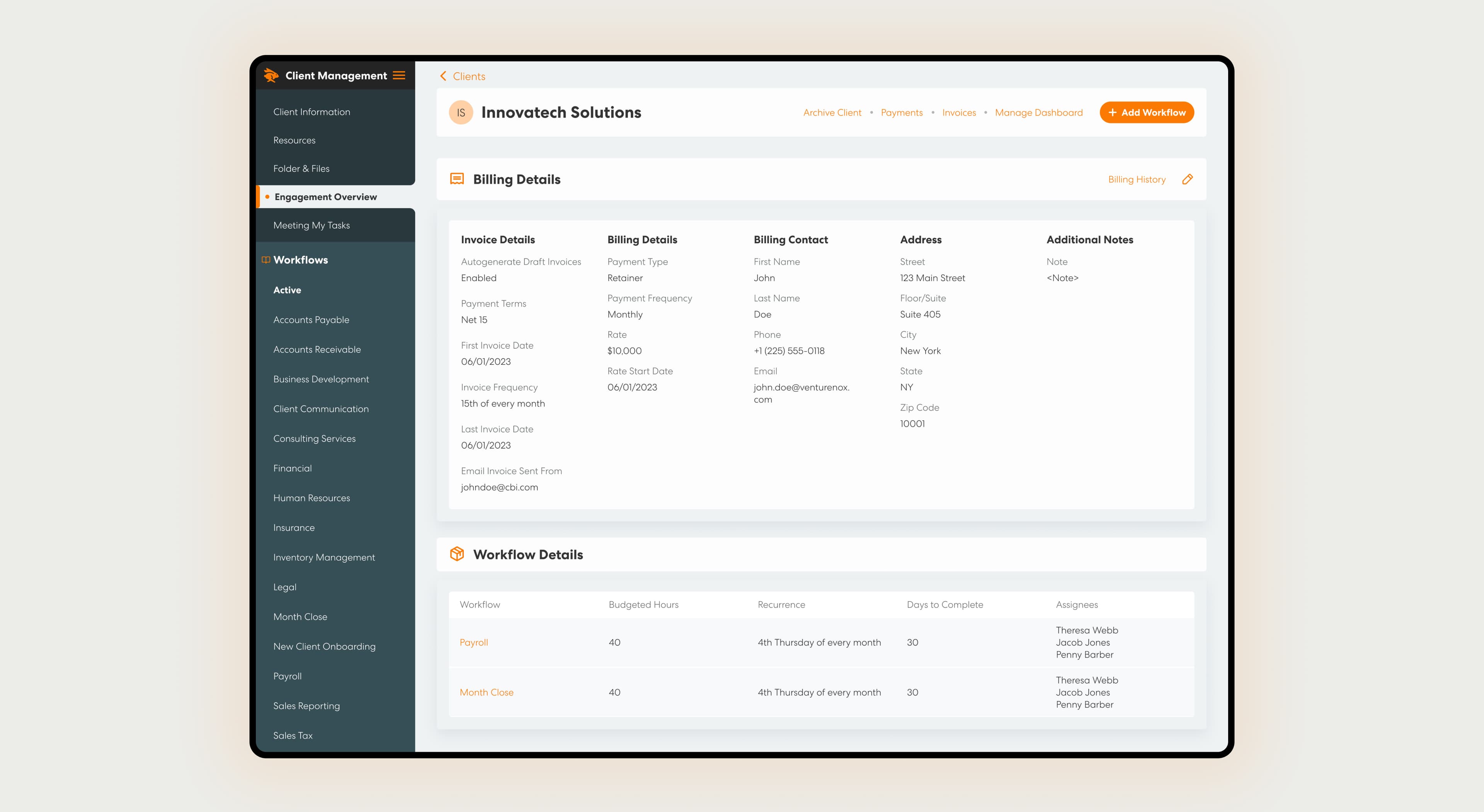 Billing details and history live on the client profile itself.