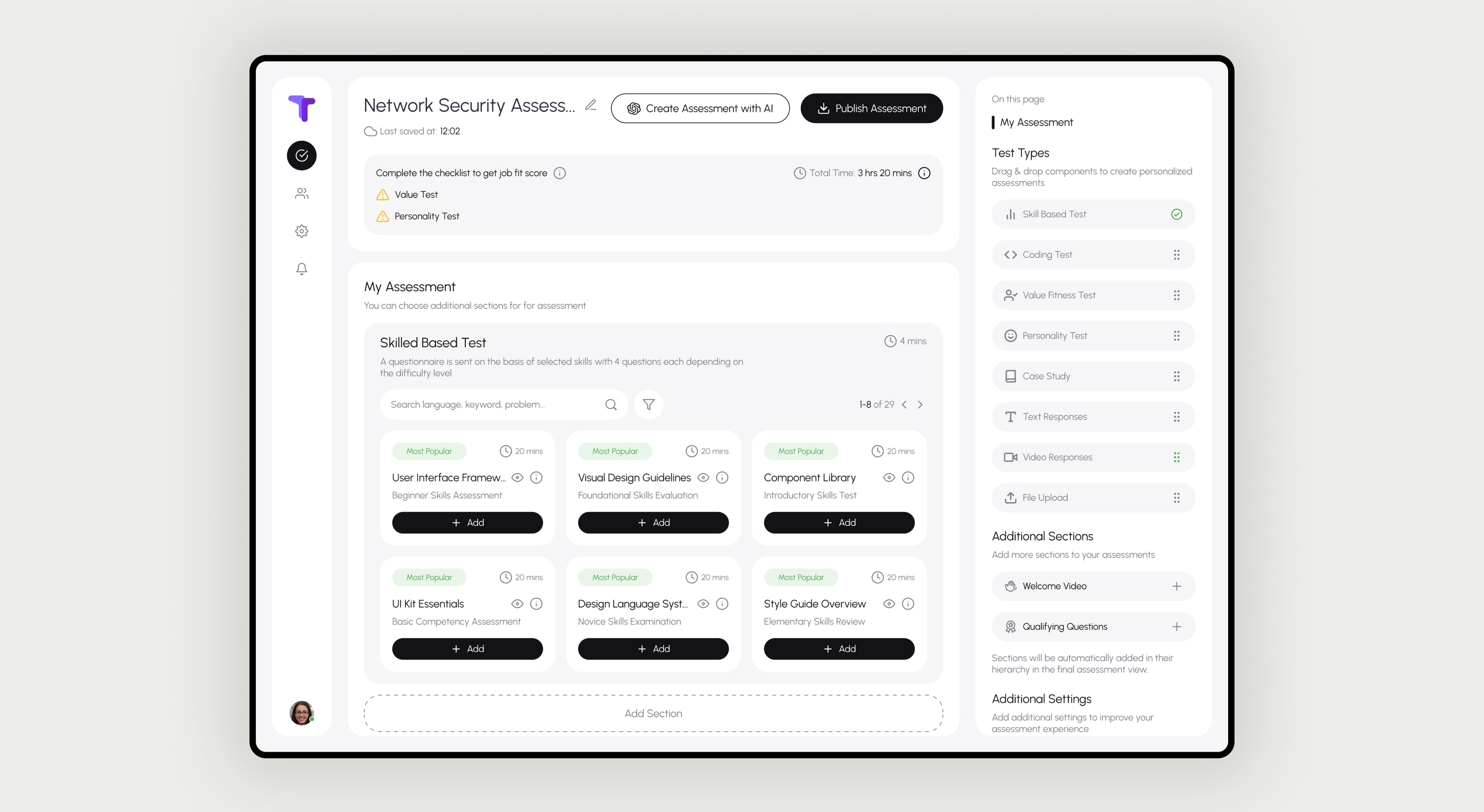 The admin builder: a persistent outline with modular section cards on the right.