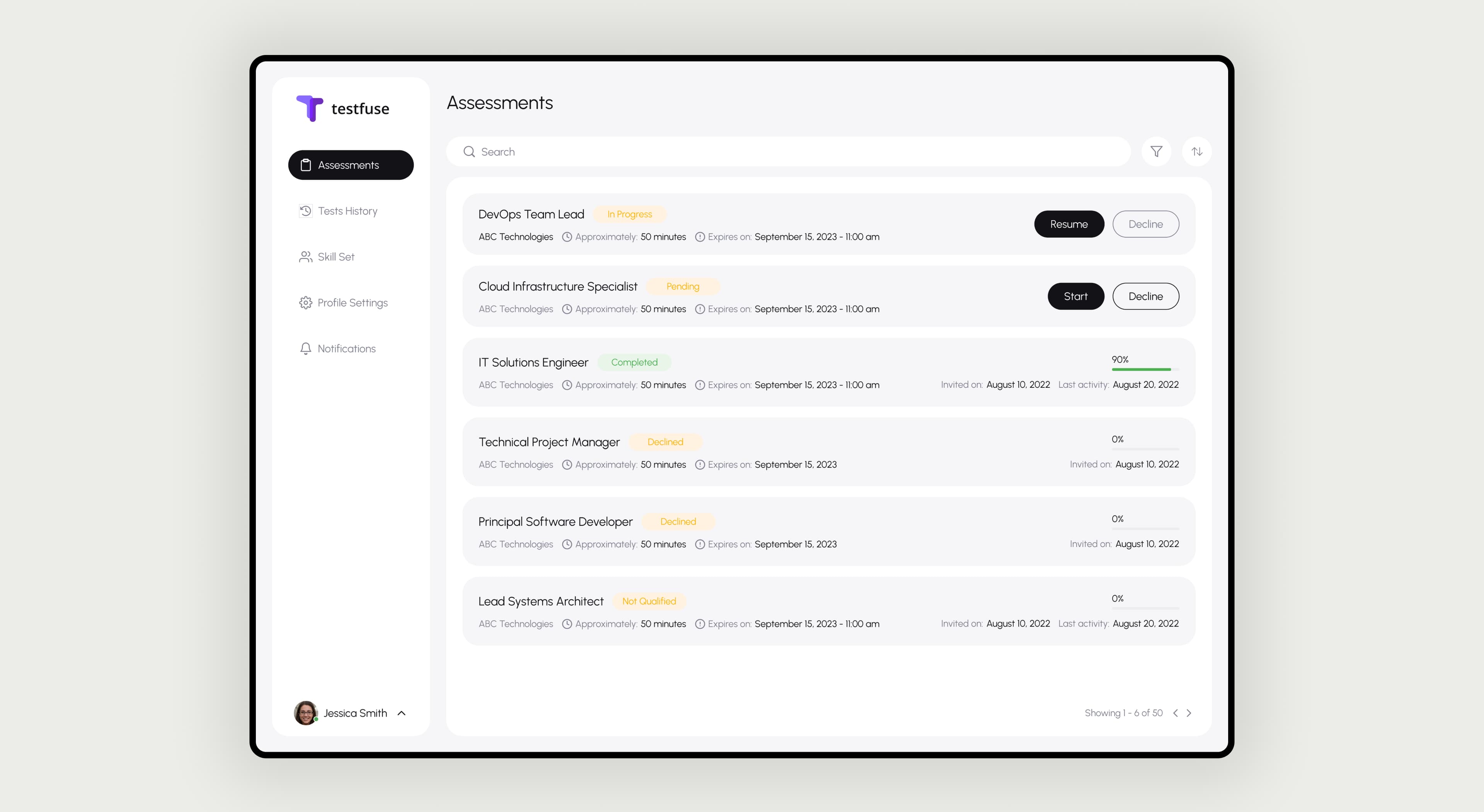 Candidates see role, company, time estimate, and expiry at a glance.