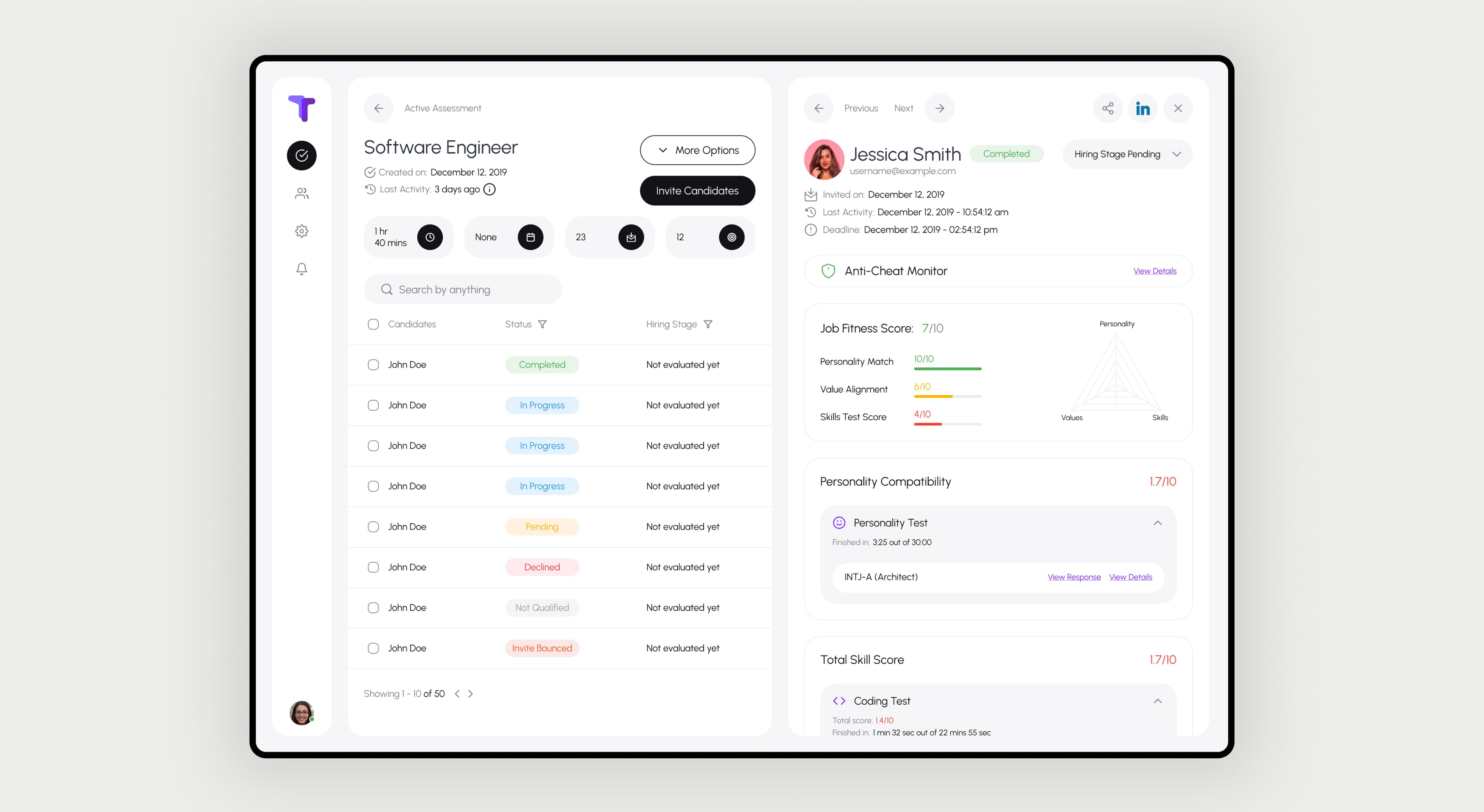 Assessment status and hiring stage are kept visually distinct.