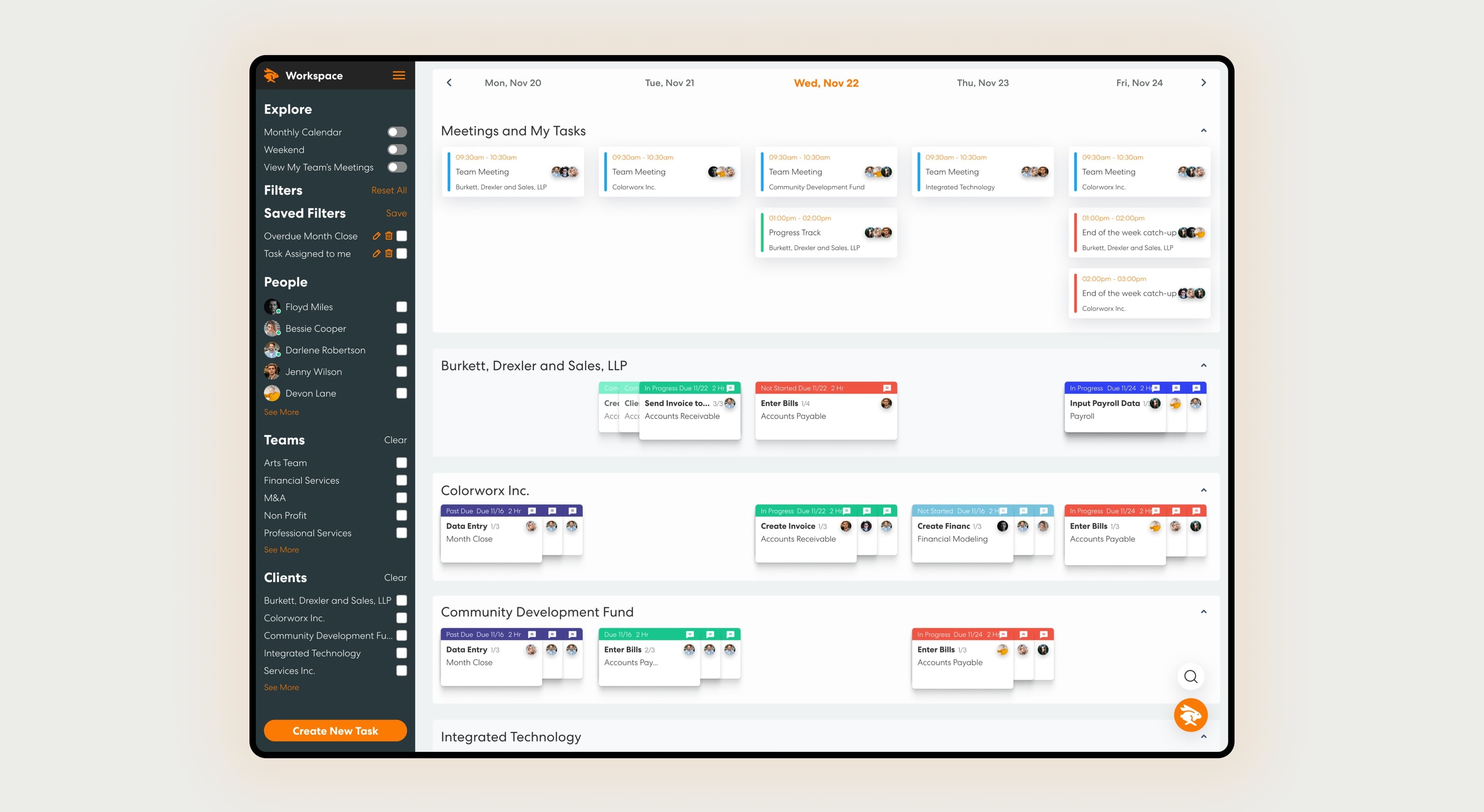 Levvy: firm dashboard, percentage completion by team & client